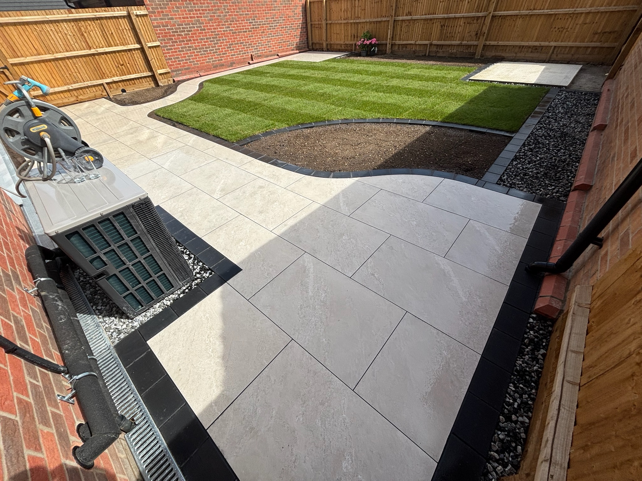 Himalayan Beige Porcelain Patio with Charcoal Border & Fresh Lawn finished photo 4