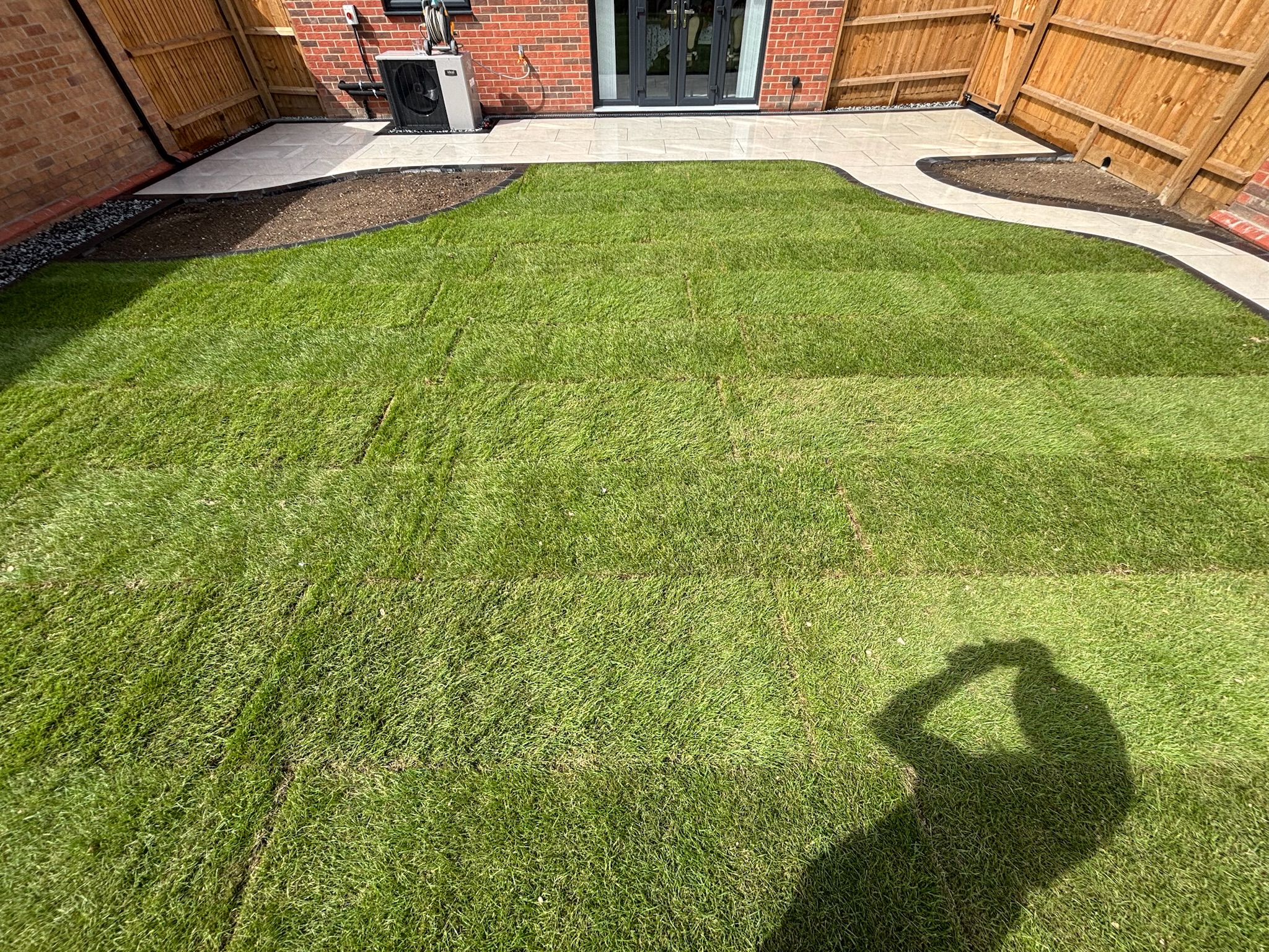 Himalayan Beige Porcelain Patio with Charcoal Border & Fresh Lawn finished photo 5