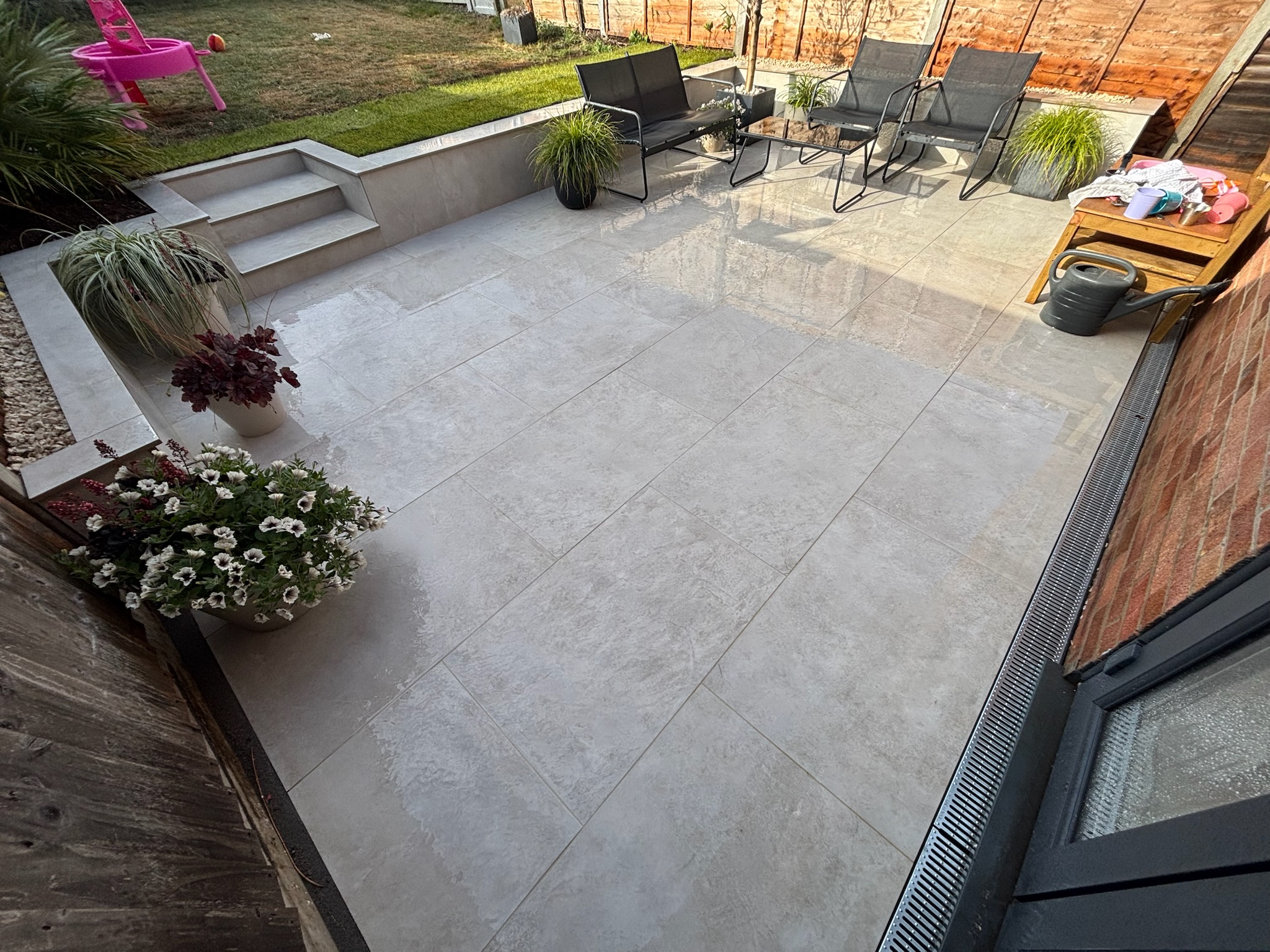 Merlot Bone Slate Effect Porcelain Patio with Retaining Wall & Steps