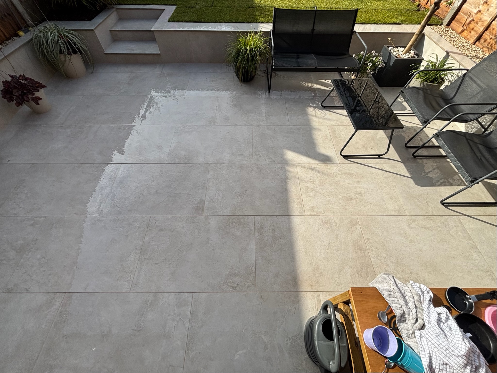 Merlot Bone Slate Effect Porcelain Patio with Retaining Wall & Steps finished photo 2