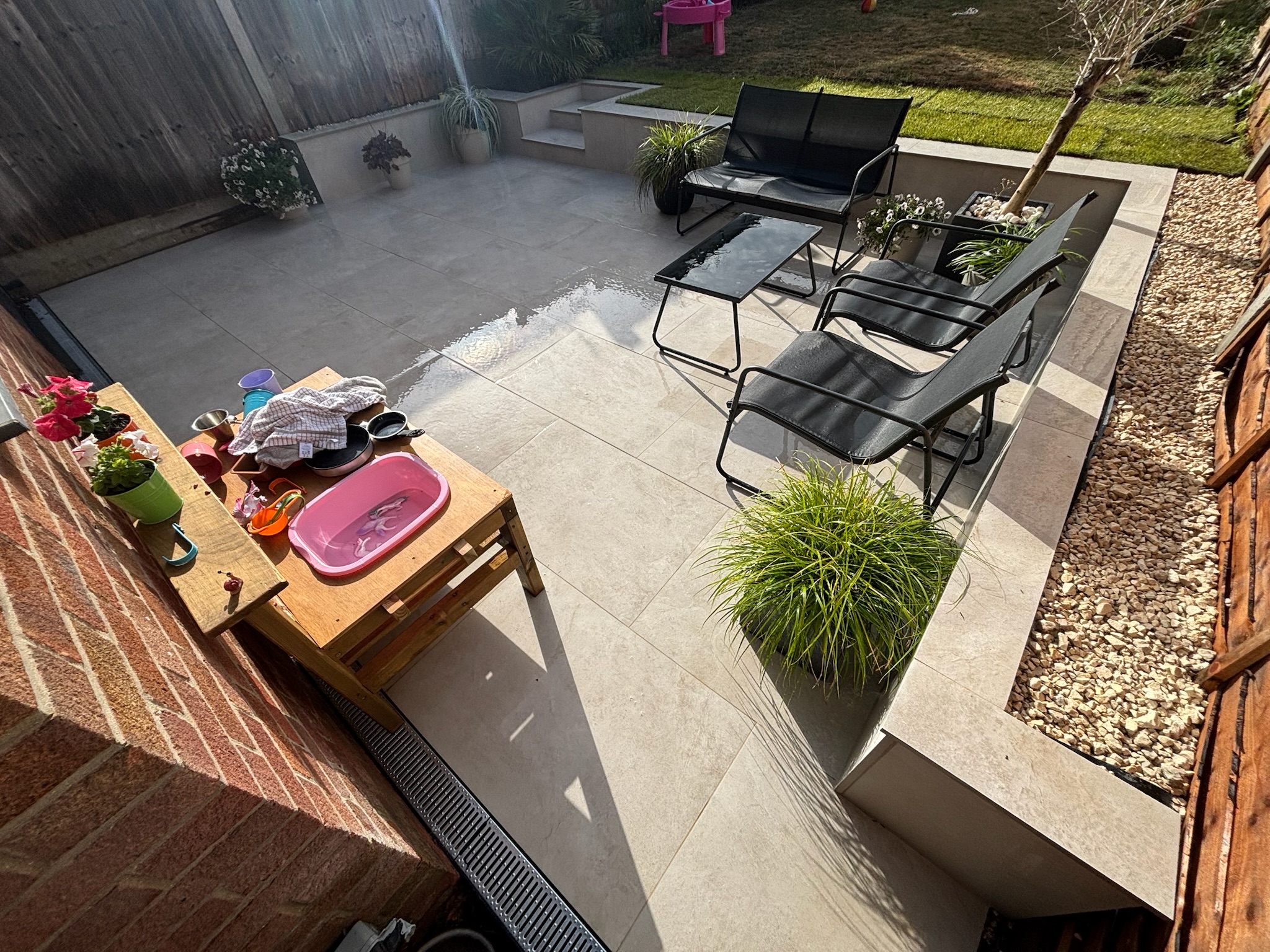 Merlot Bone Slate Effect Porcelain Patio with Retaining Wall & Steps finished photo 3