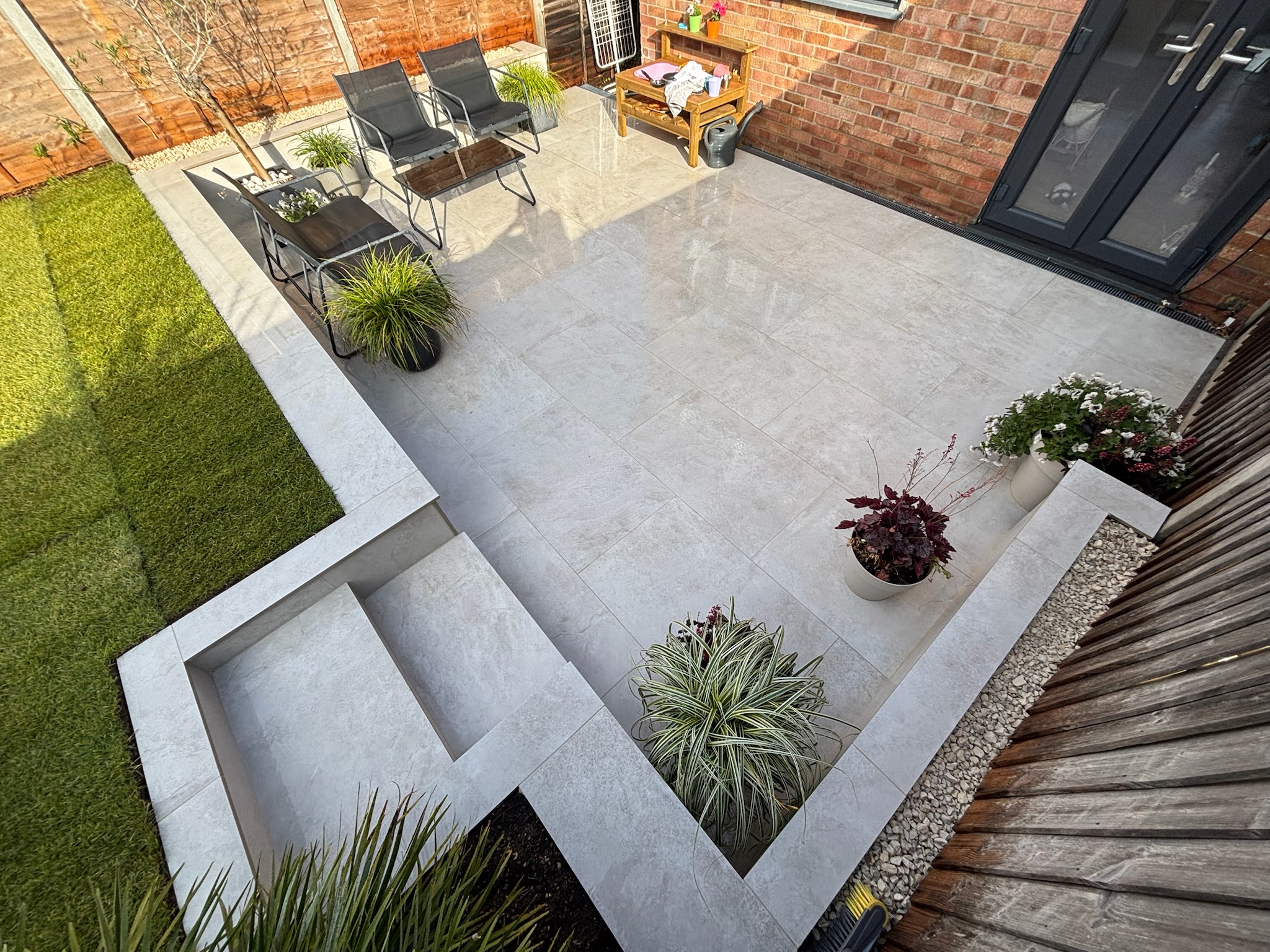 Merlot Bone Slate Effect Porcelain Patio with Retaining Wall & Steps finished photo 4
