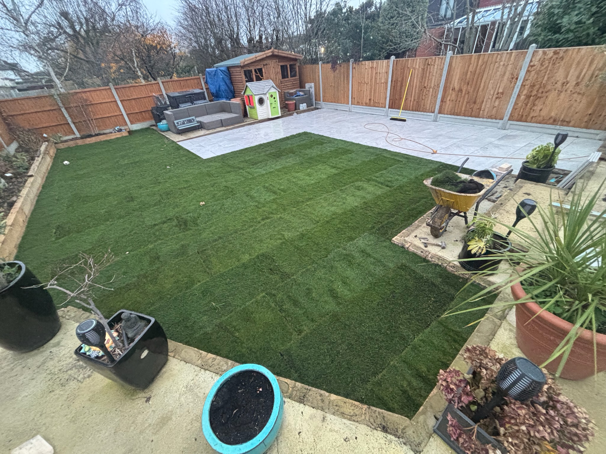Earthcore Grey Porcelain Patio with Reinforced Shed Base & Turf finished photo 3