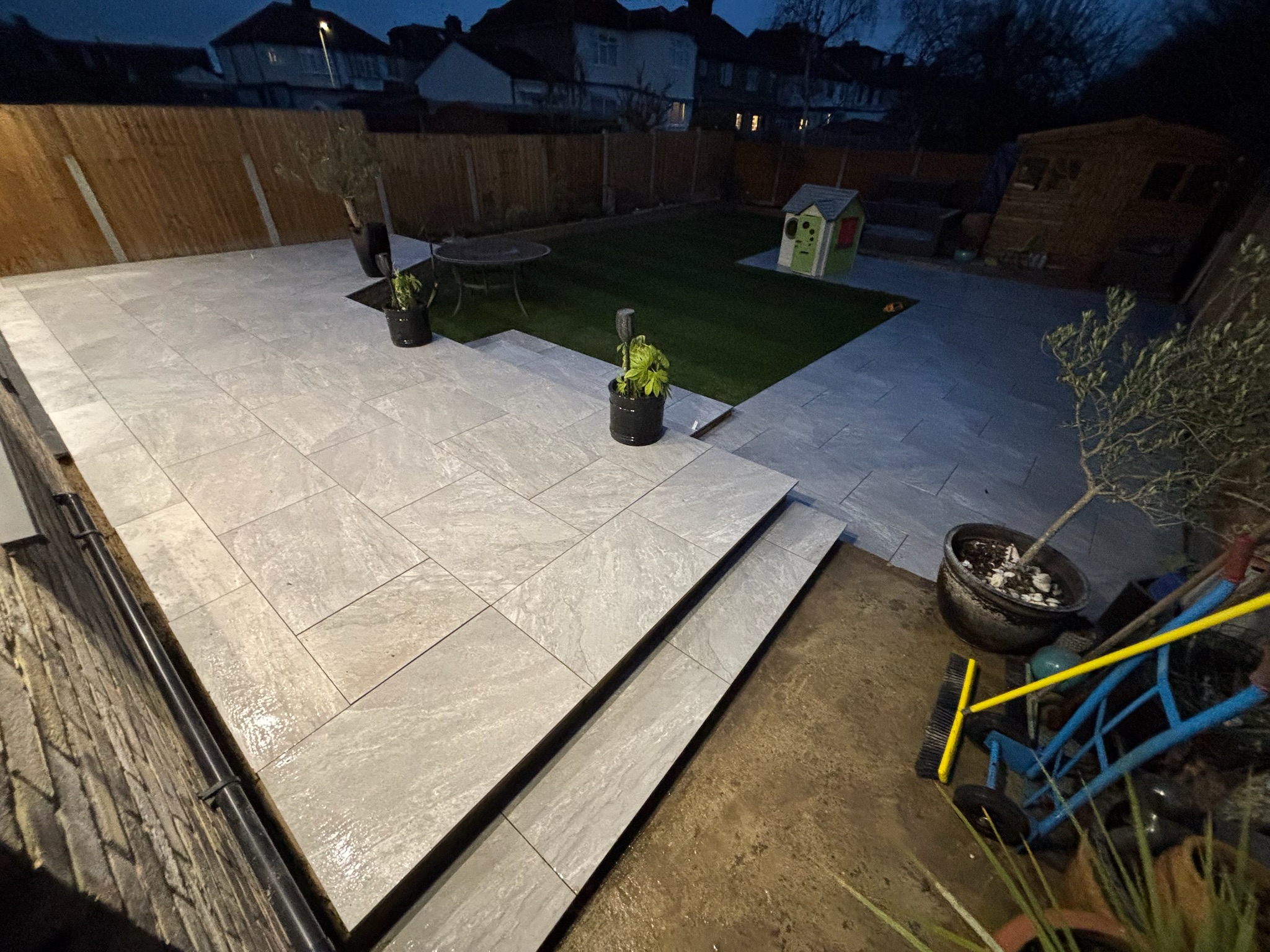 Earthcore Grey Porcelain Patio with Reinforced Shed Base & Turf
